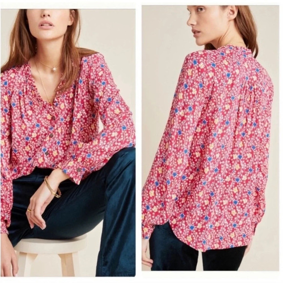 MAEVE by ANTHROPOLOGIE Marisol Ruffled Blouse in Red‎ Rouge Motif - Picture 1 of 8